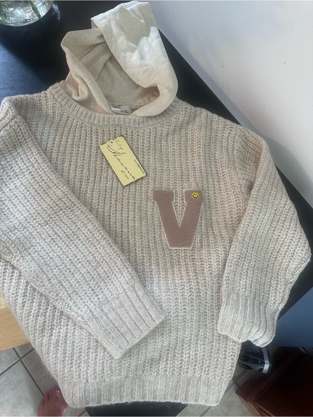 Vintage Havana Cream Hooded Knit Sweater with Taupe V Patch.  Mixed media